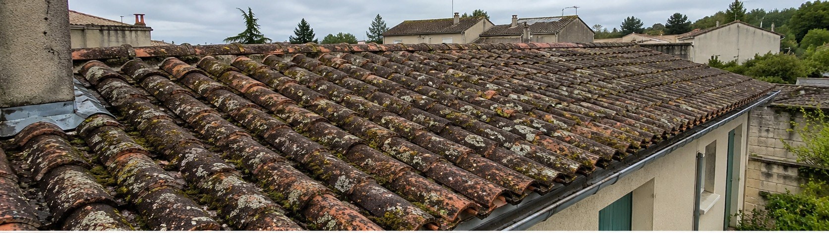 Toiture en tuiles canal avant nettoyage à Bordeaux, mousses et lichens visibles