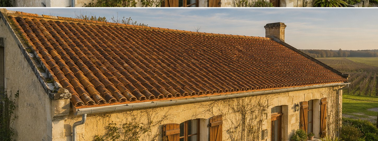 Toiture en tuiles canal vernissées après démoussage et traitement à Lesparre-Médoc, tuiles propres