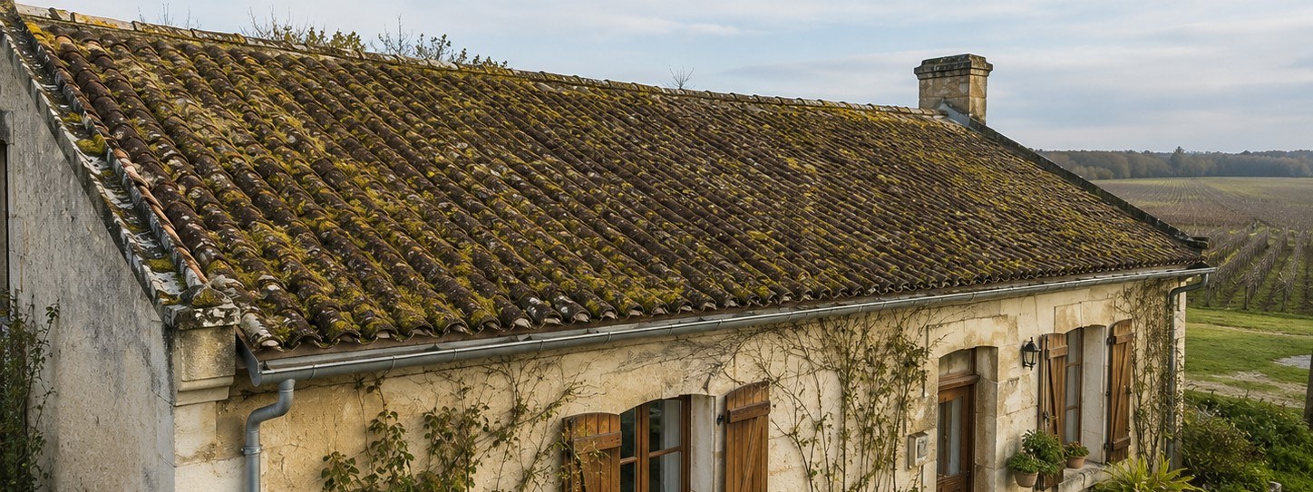 Toiture en tuiles canal vernissées avant nettoyage à Lesparre-Médoc, mousses et lichens visibles