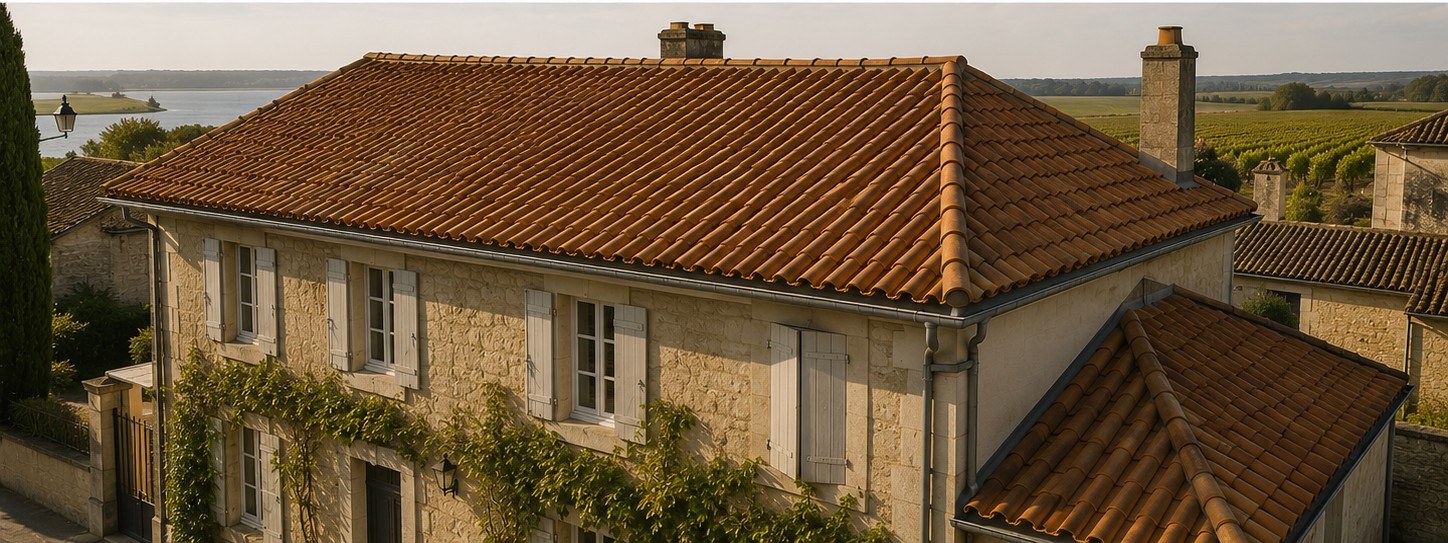 Toiture en tuiles canal vernissées après démoussage et traitement à Pauillac, tuiles propres