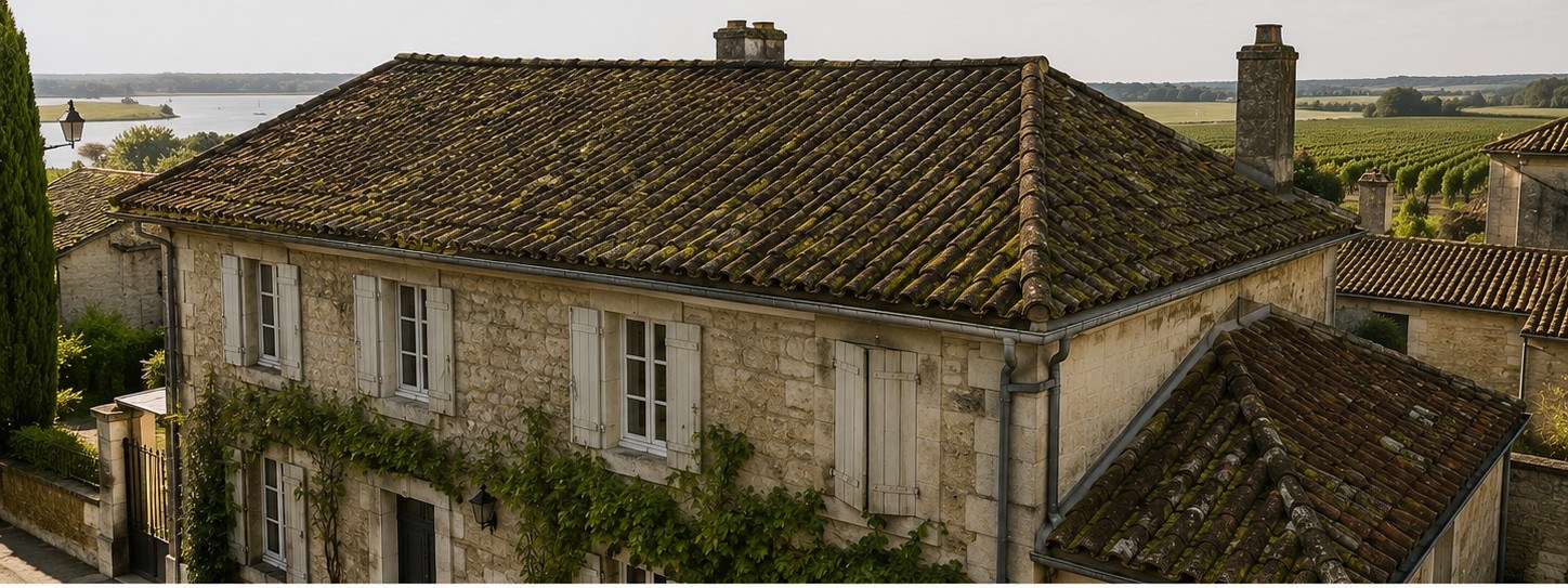 Toiture en tuiles canal vernissées avant nettoyage à Pauillac, mousses et lichens visibles
