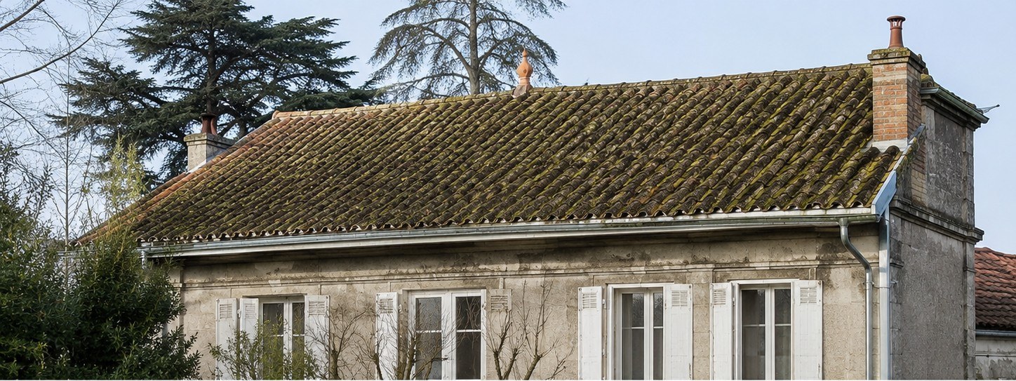 Toiture en tuiles canal avant nettoyage à Talence, mousses et lichens visibles